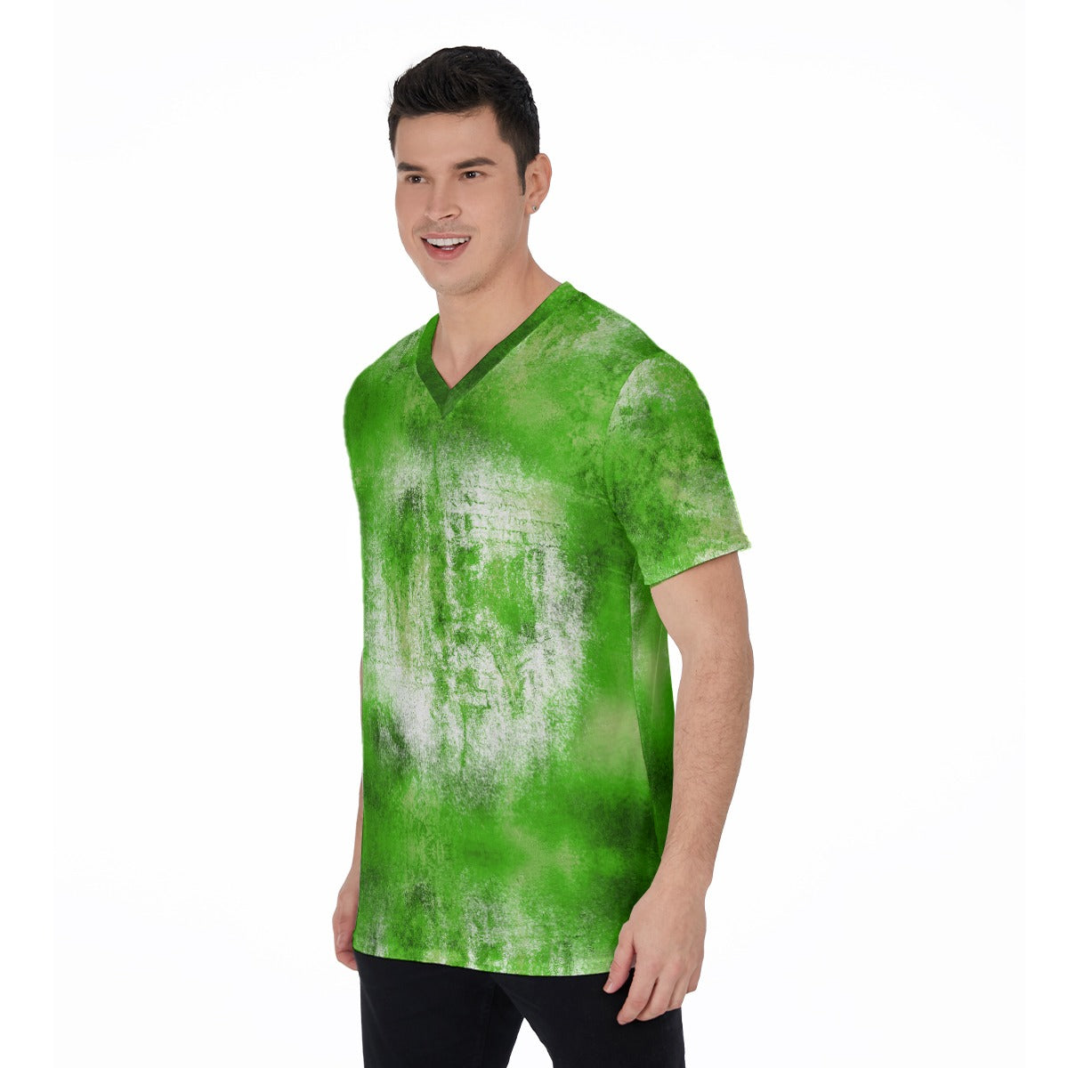 Model wearing a WREKED acid green V-neck tee, showcasing its unique color and streetwear style.