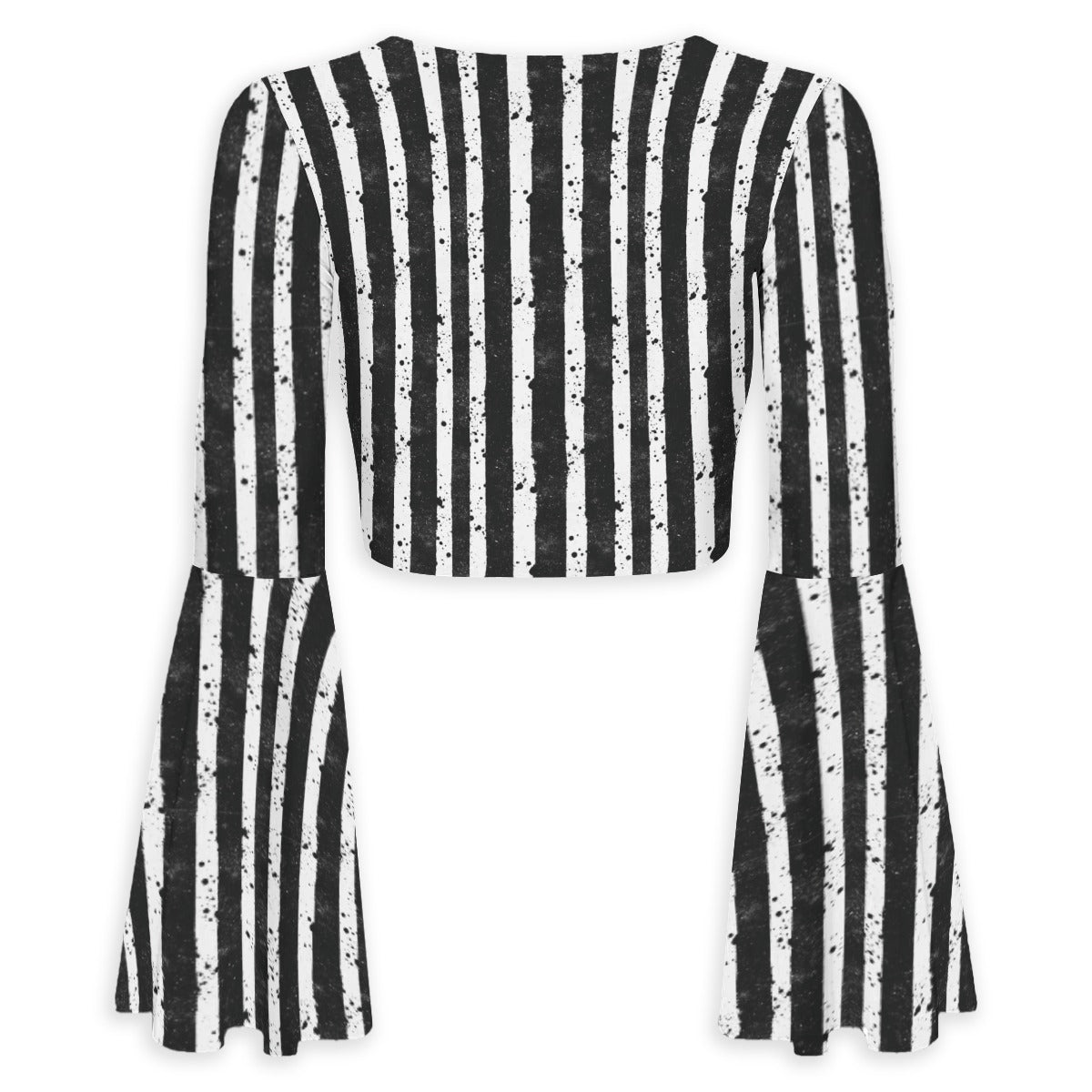 CARNYVL "Dirty Diamonds" Sheer Tie-Front Crop Top in striped black and white with flared sleeves.