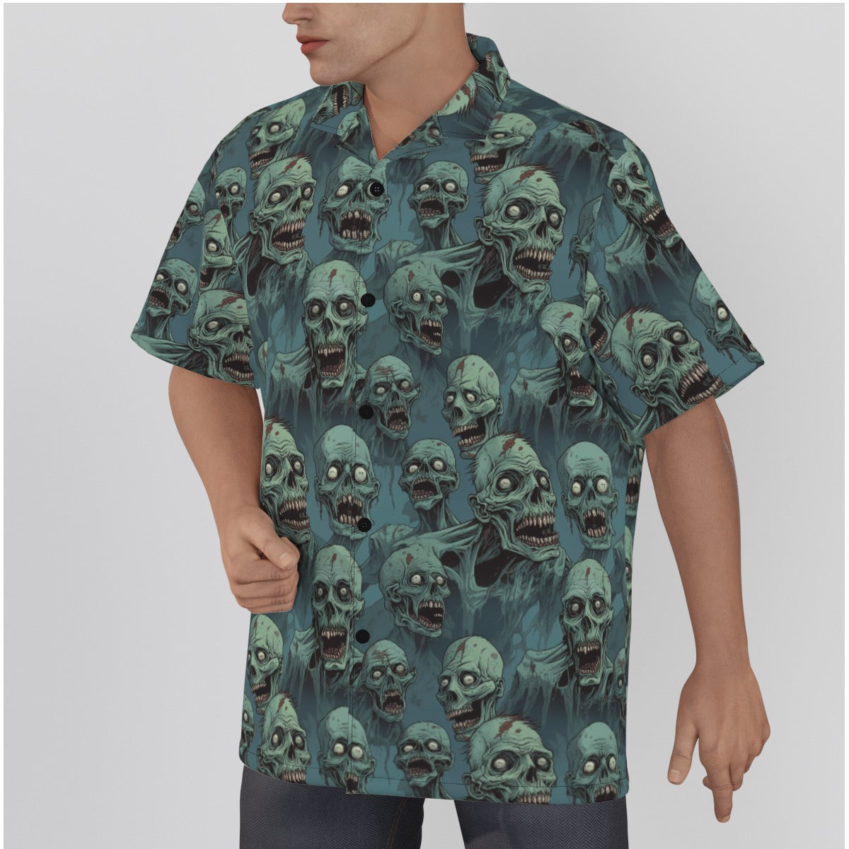 Man wearing a zombie crowd gothic shirt with a pattern of skull-like zombies in shades of teal.