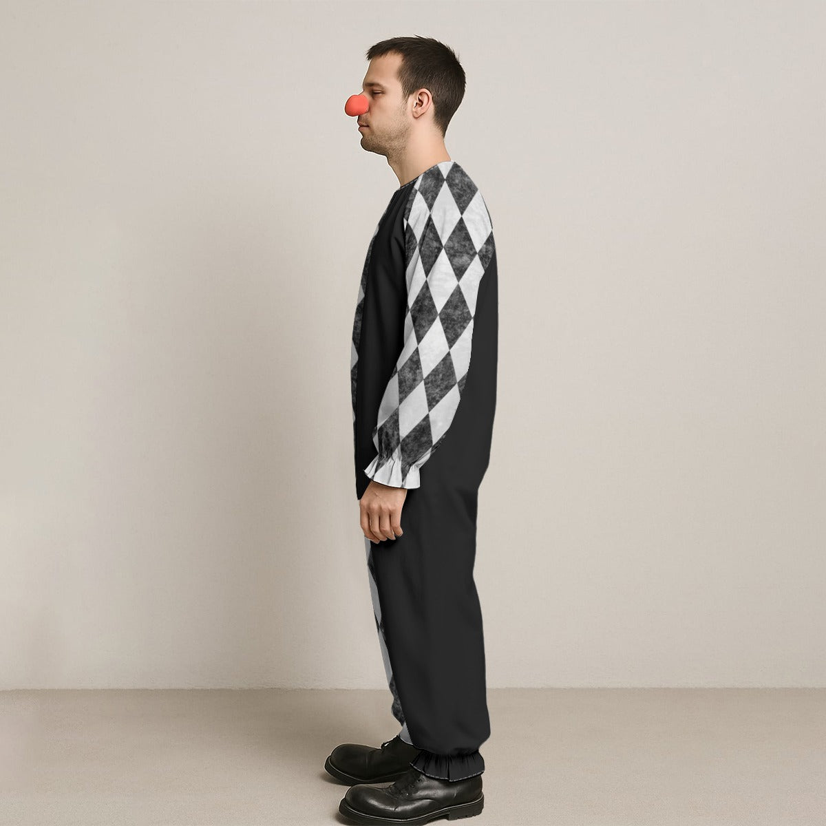 CARNYVL “Dirty Diamonds” Half & Half Clown Jumpsuit featuring a split pattern and clown nose.