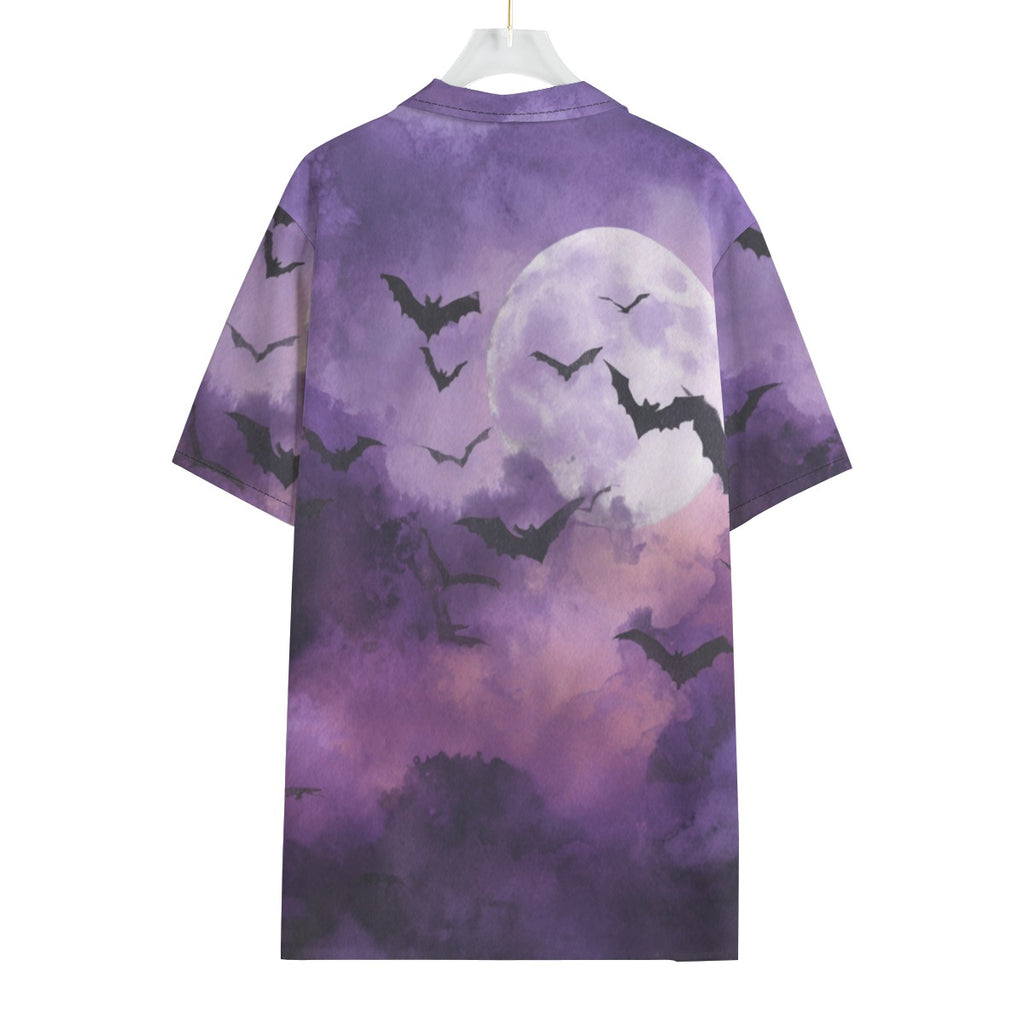 Bats in the Moonlight Gothic Button-Up Shirt featuring a moonlit sky and silhouetted bats.