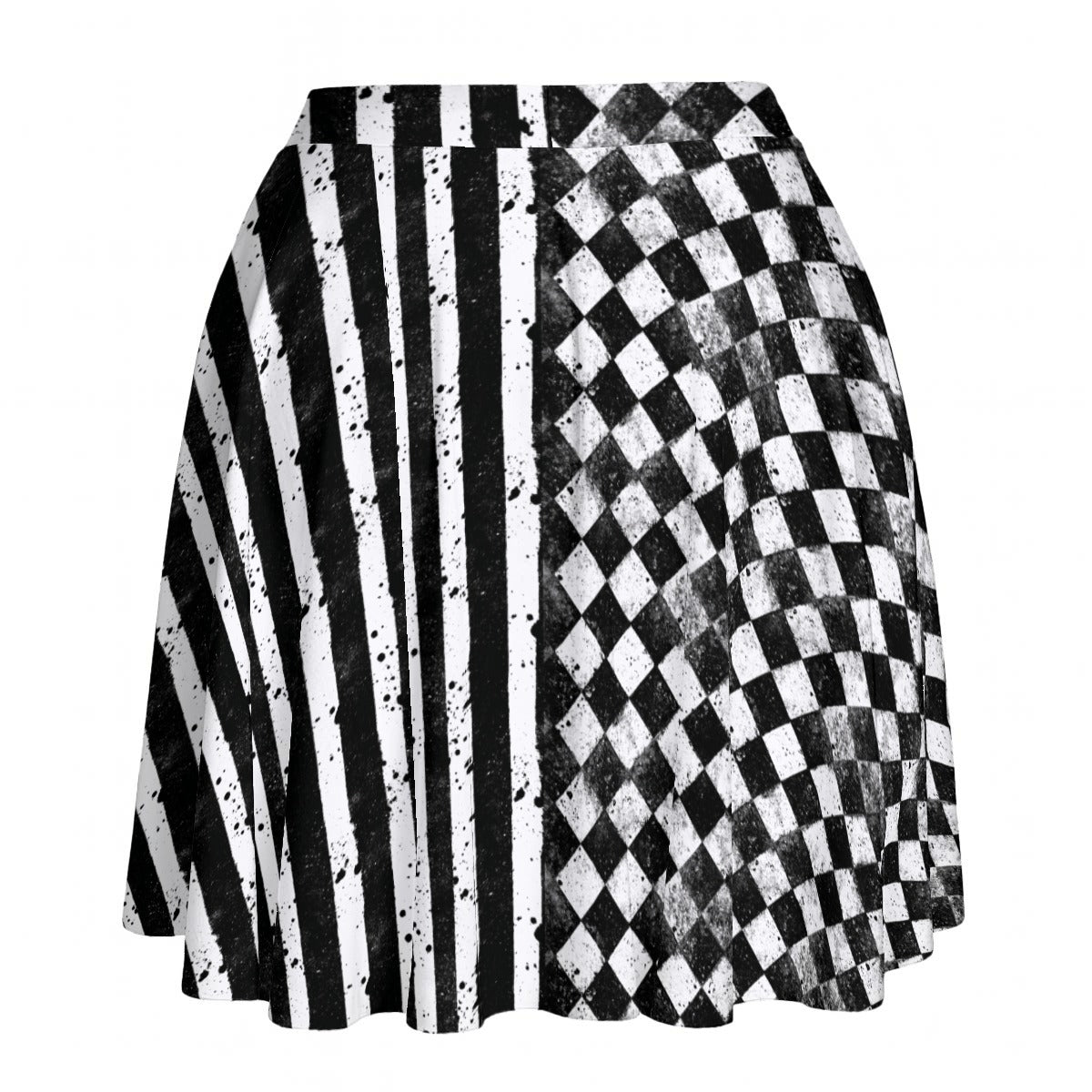 CARNYVL Dirty Diamonds short skirt featuring a warped checkerboard and grimy vertical stripes design.