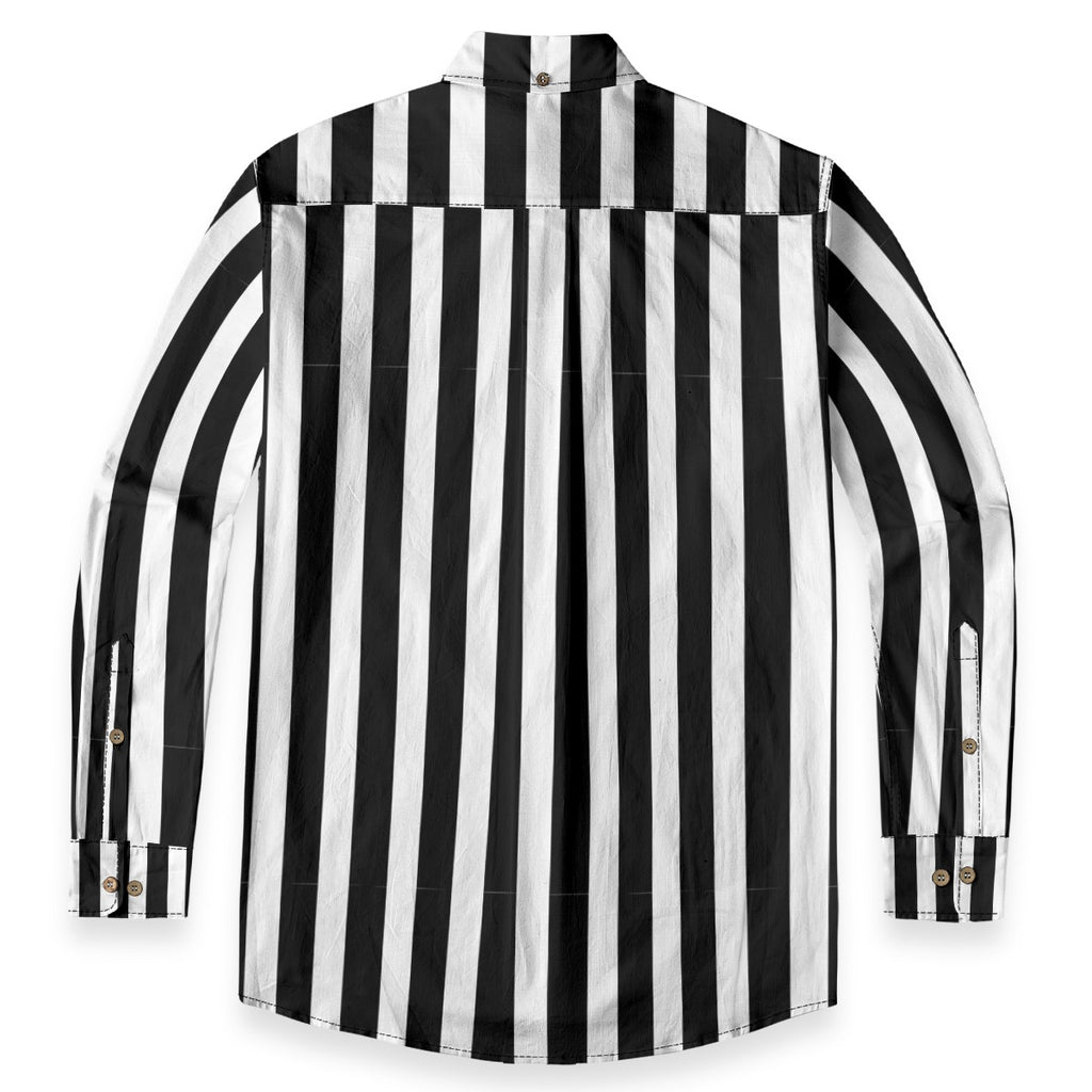 Back view of a Ringmaster’s black and white striped button-up shirt with long sleeves and classic collar.