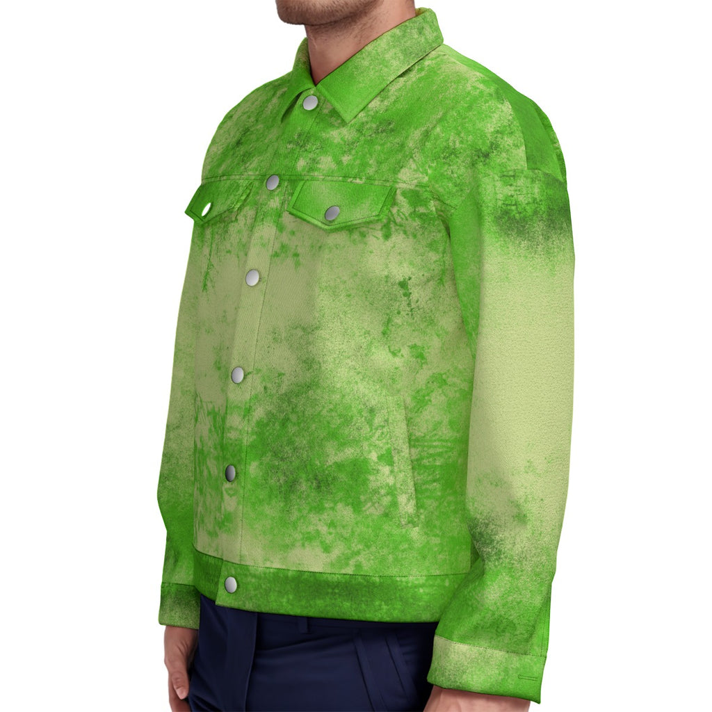 WREKED acid green canvas jacket worn by a model, featuring a distressed finish and durable design.