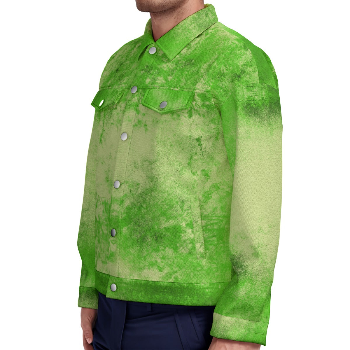 WREKED acid green canvas jacket worn by a model, featuring a distressed finish and durable design.