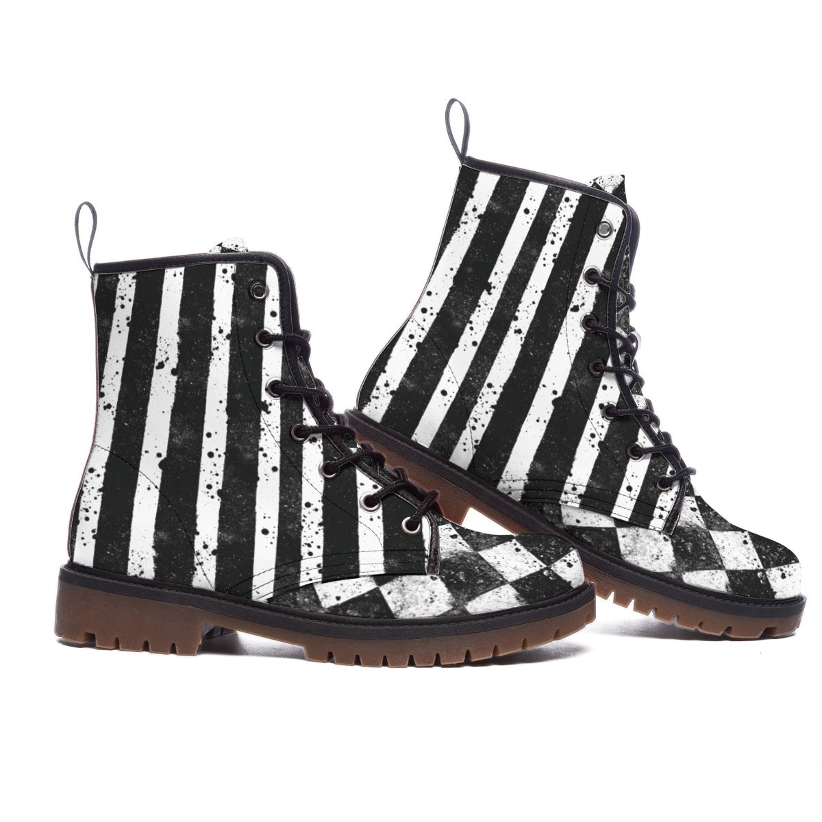 CARNYVL “Dirty Diamonds” Combat Boots with split print design in distressed stripes and harlequin checks.