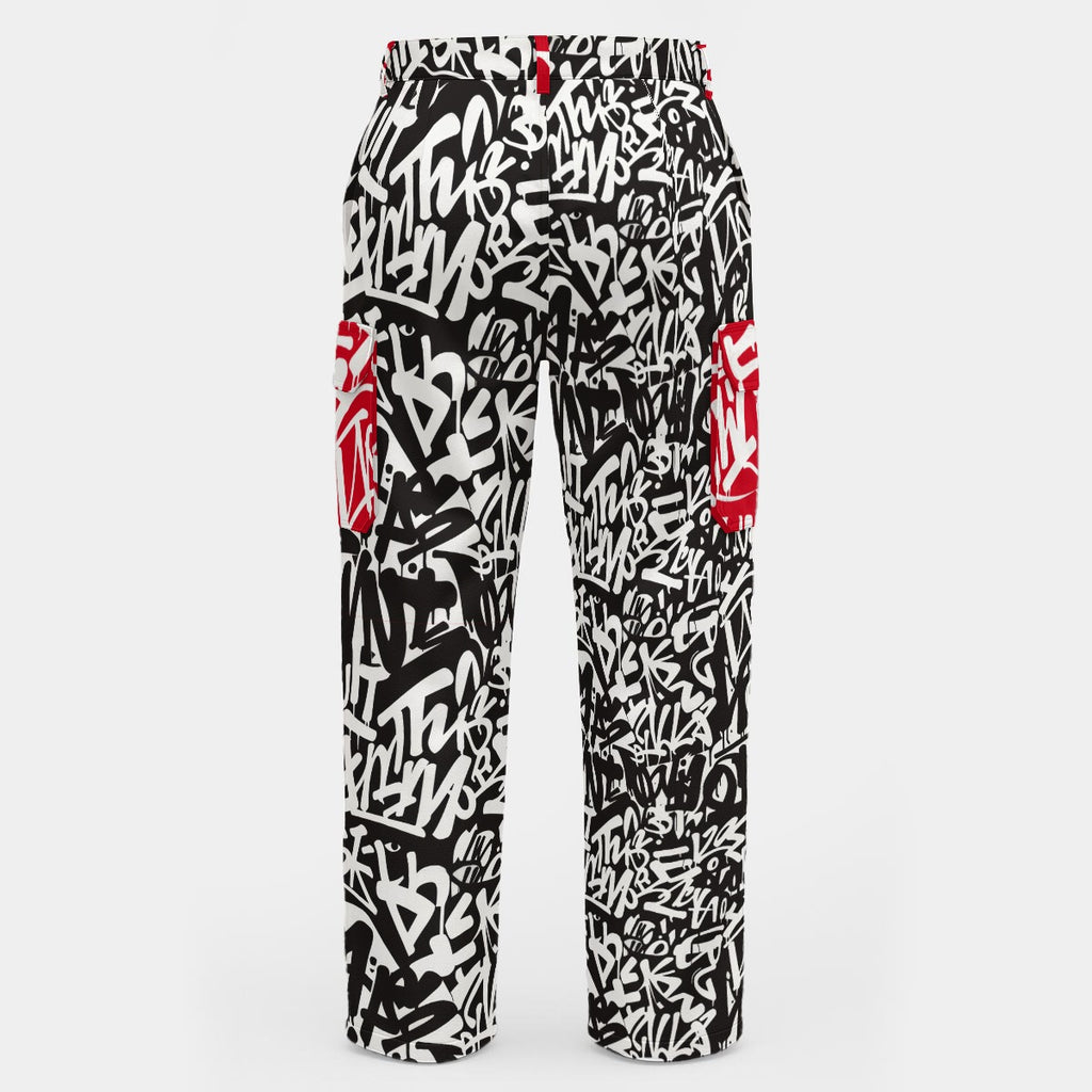 WREKED men’s graffiti cargo pants featuring a bold black and white graffiti print and red accents on cargo pockets.