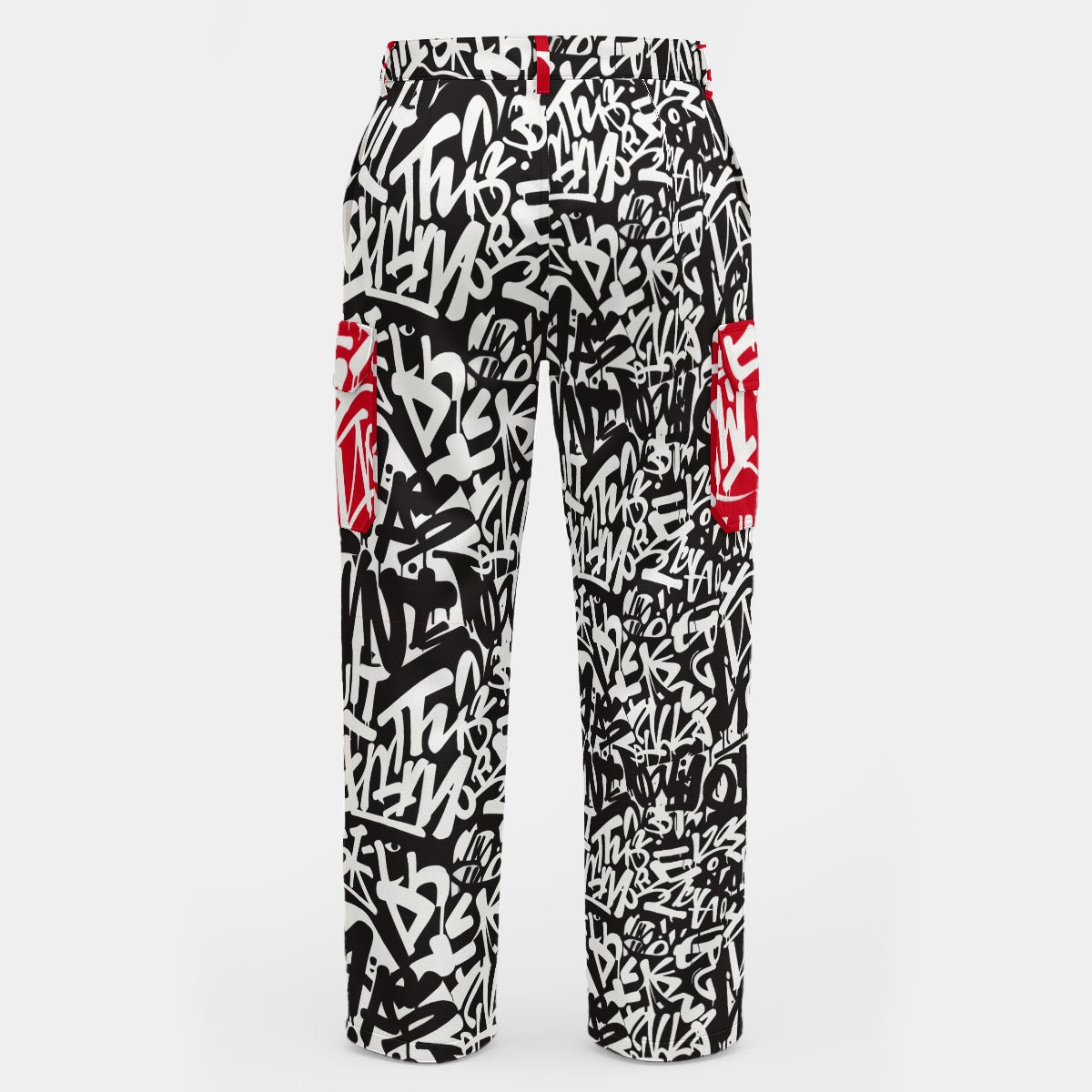 WREKED men’s graffiti cargo pants featuring a bold black and white graffiti print and red accents on cargo pockets.