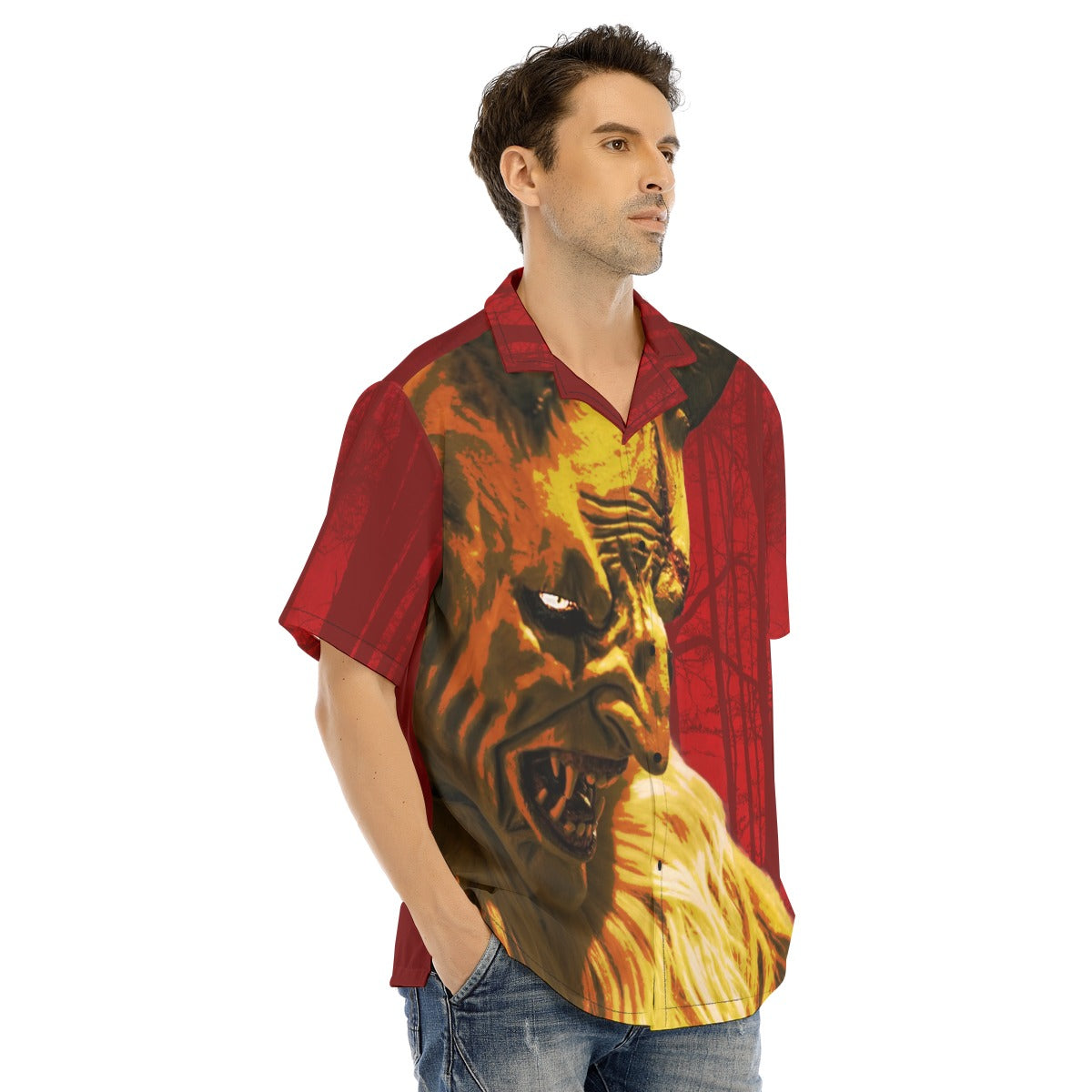 Krampus Close Up Gothic Button-Up Shirt featuring a fierce creature on a blood-red background for a bold statement.