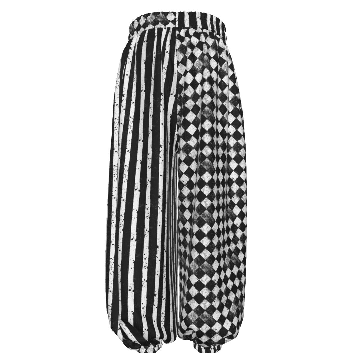 CARNYVL “Dirty Diamonds” Clown Pants featuring striped and diamond patterns with a balloon silhouette.