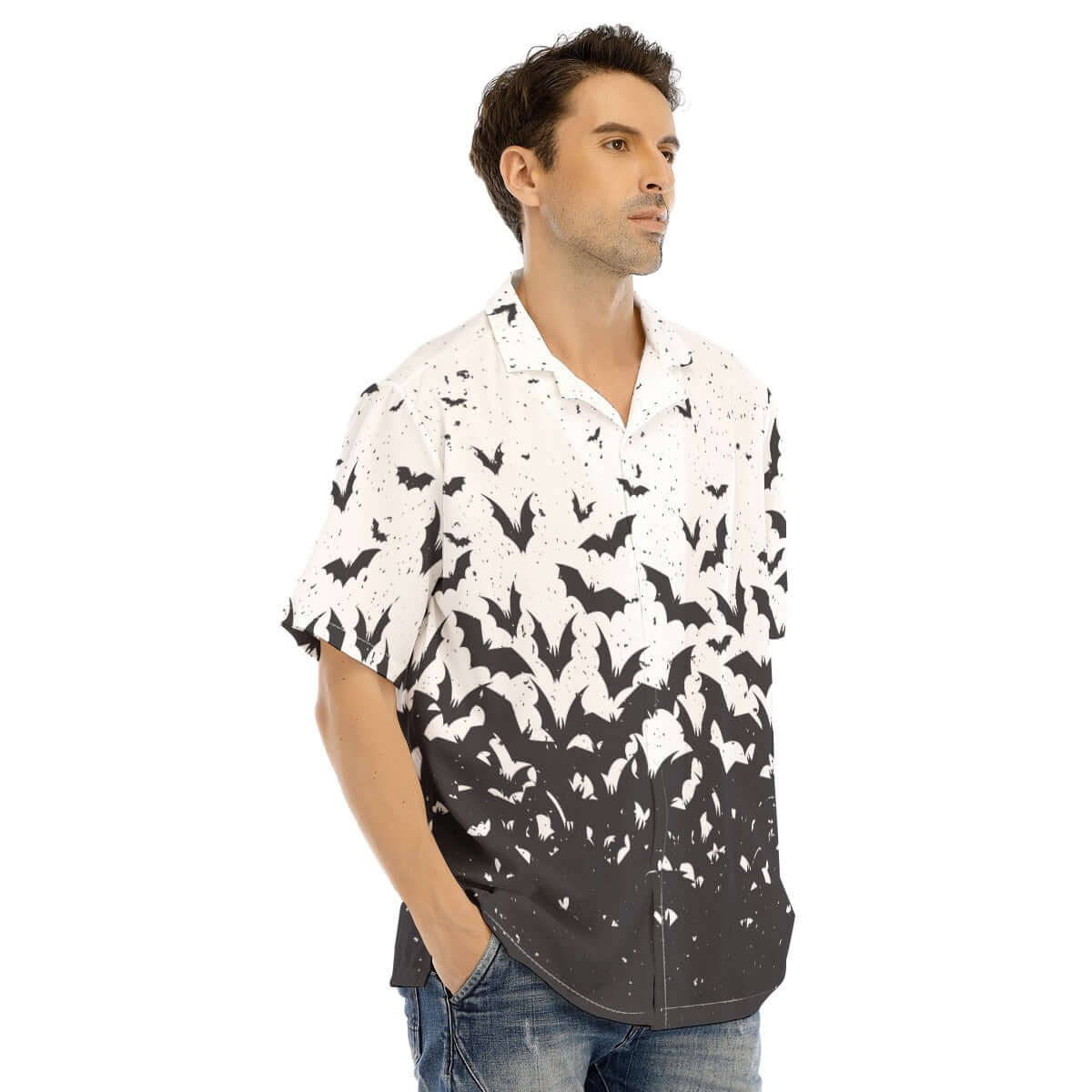 Ombre of Bats short-sleeve button-up shirt featuring a white-to-midnight gradient and bat swarm print.