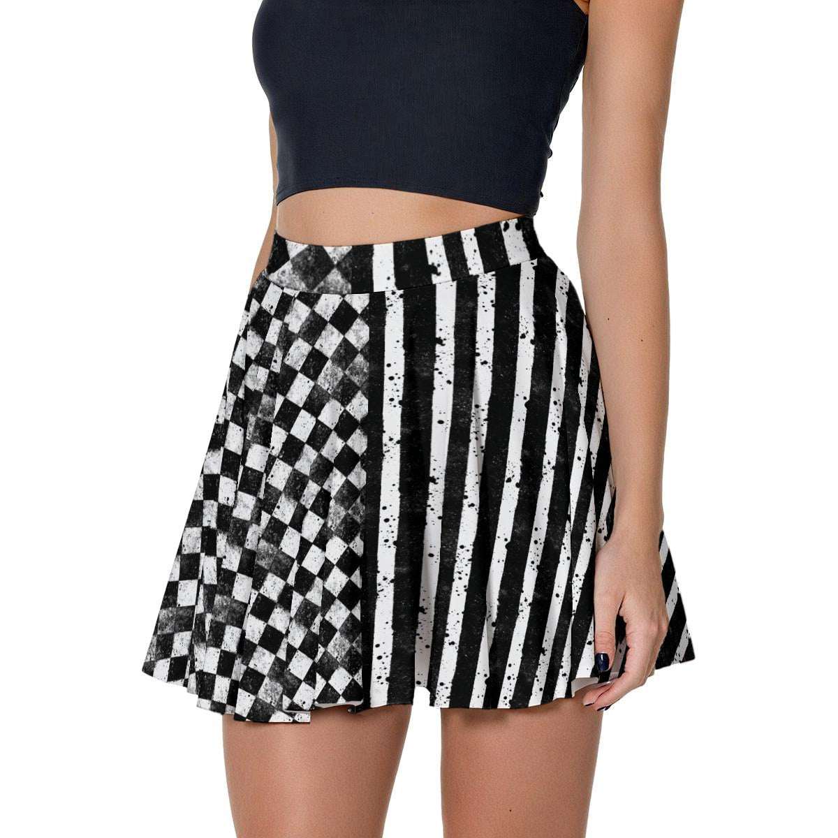 CARNYVL Dirty Diamonds short skirt featuring warped checkerboard and vertical stripes design.