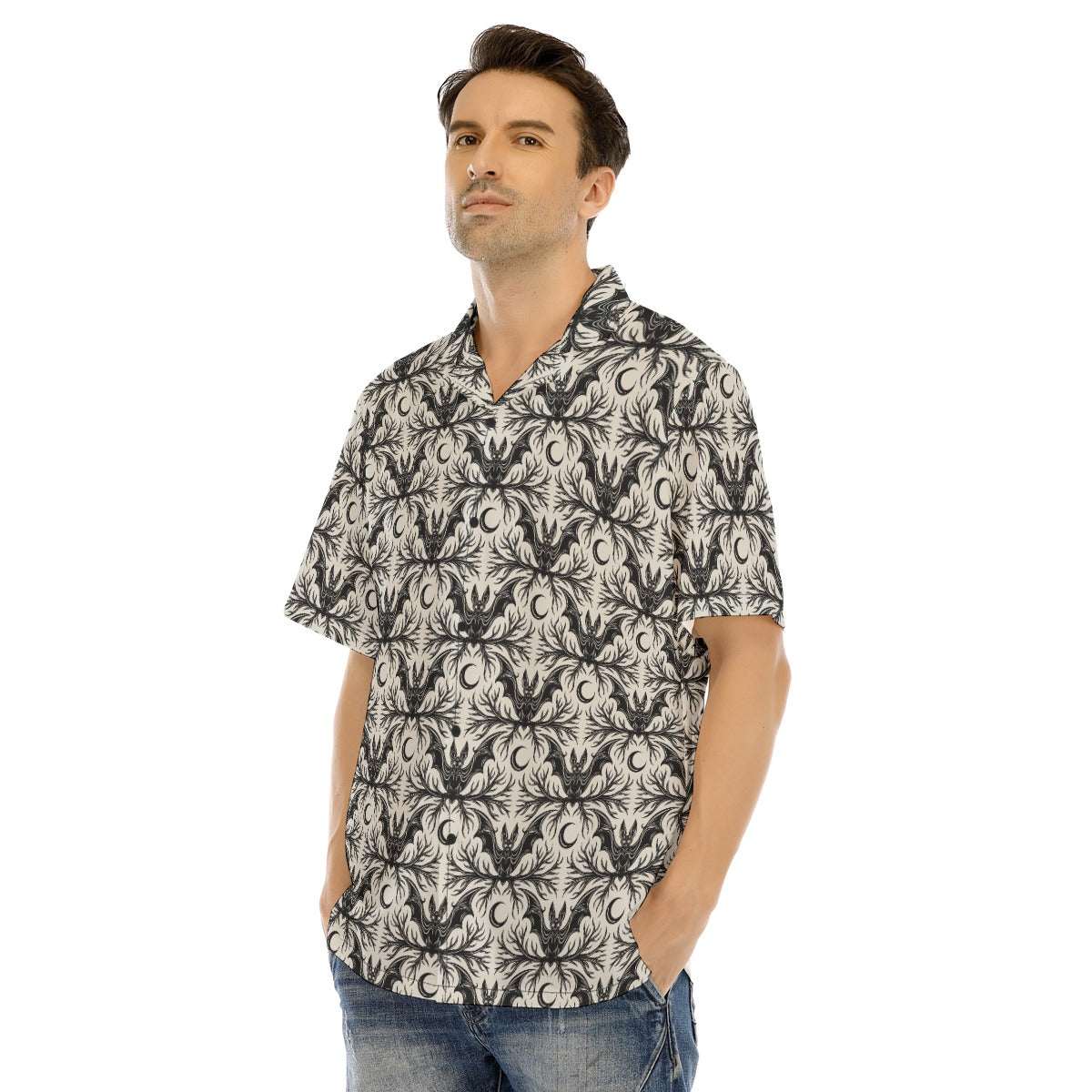 Bat & Crescent Gothic Button-Up Shirt featuring an intricate bat and crescent moon print in slate and ivory.