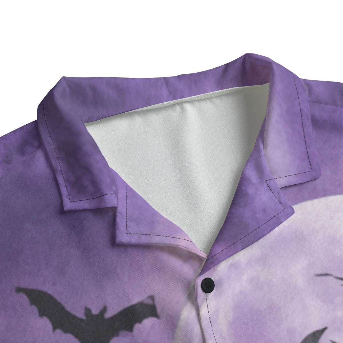 Bats in the Moonlight Gothic Button-Up Shirt collar detail with moon and bat print.