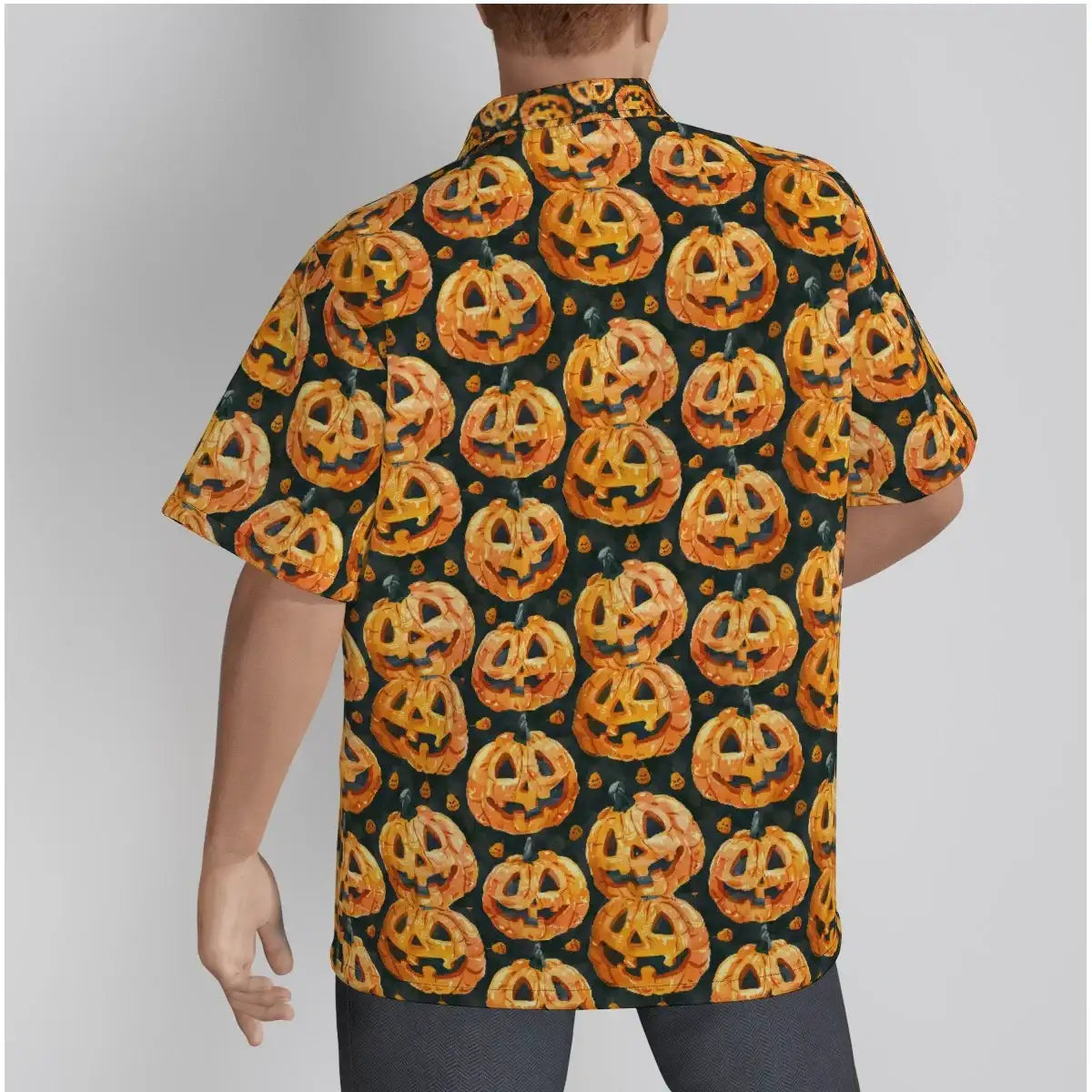 Back view of Pumpkin Patch Gothic Button-Up Shirt featuring a vibrant pumpkin print on a dark background.