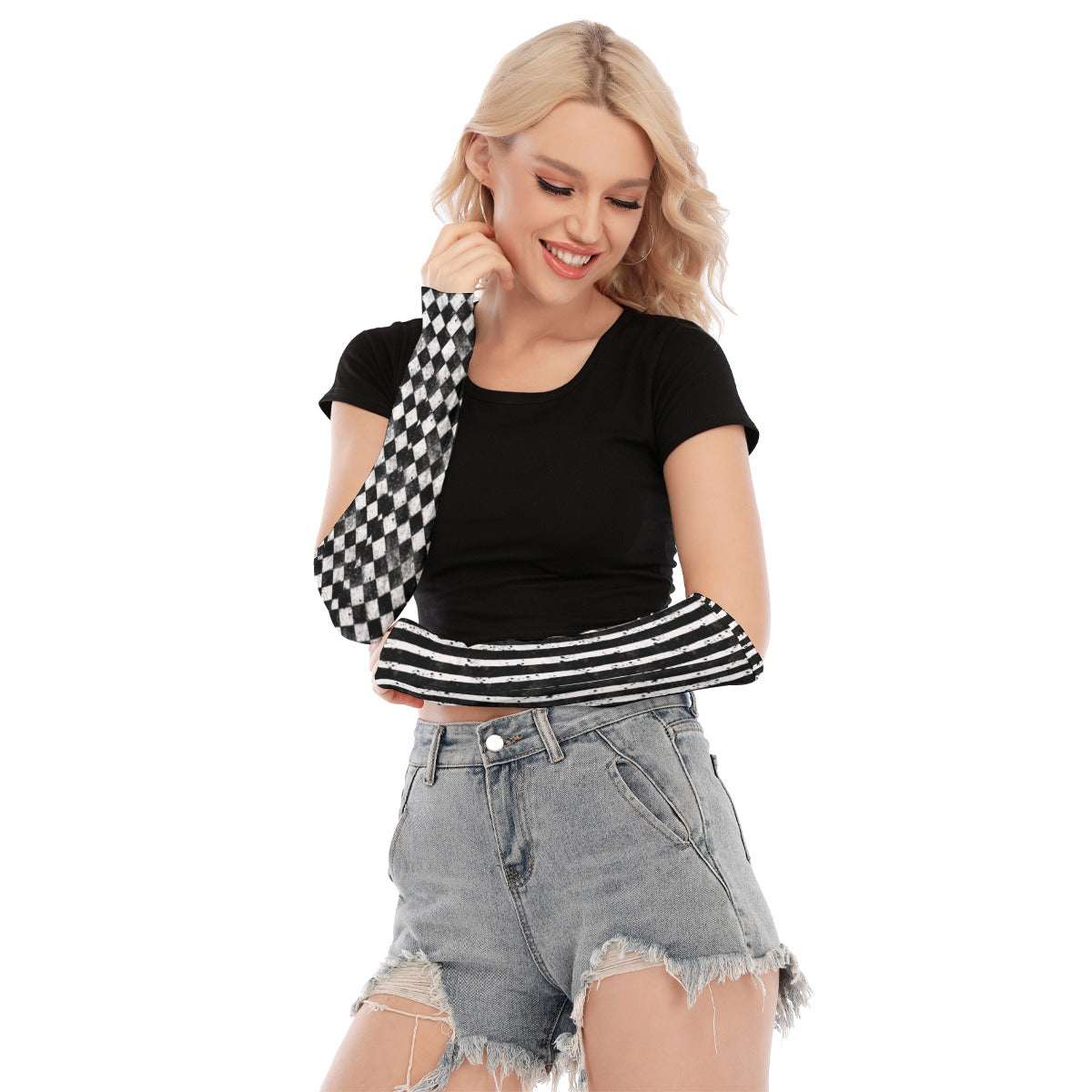 CARNYVL Dirty Diamonds Fingerless Gloves showcased by a smiling model wearing a black crop top and denim shorts.