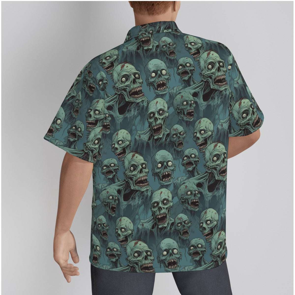 Zombie crowd gothic shirt featuring a design of numerous eerie zombies against a teal background.