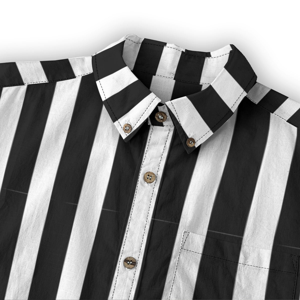 Close-up of a Ringmaster’s black and white striped button-up shirt showcasing its stylish slub cotton fabric.