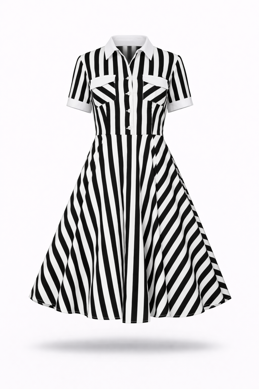 Black-and-white striped swing dress.