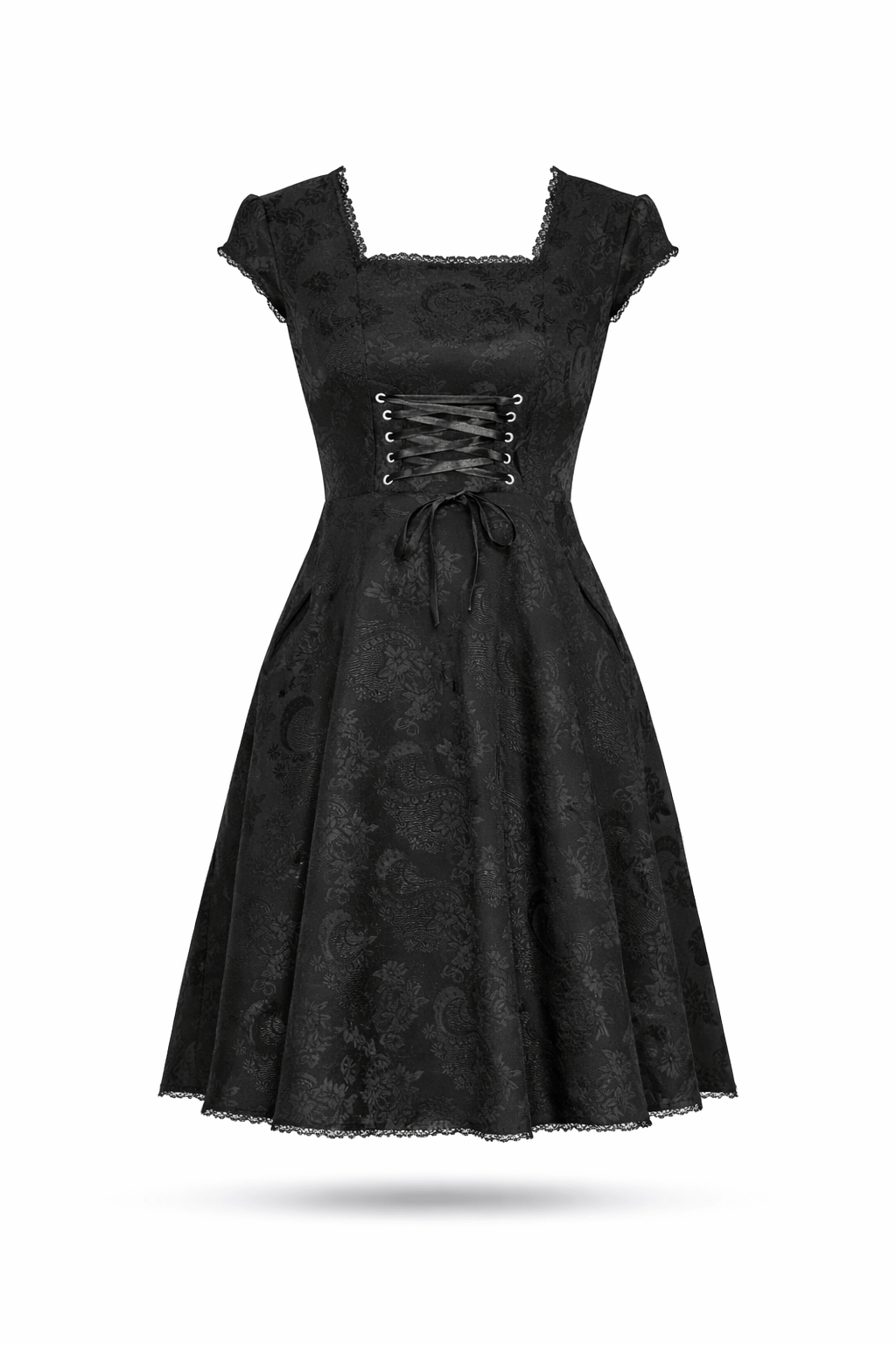 Black brocade swing dress with pockets.