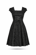 Black brocade swing dress with pockets.