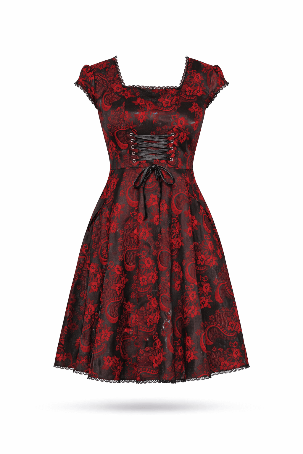 Black and red brocade swing dress with pockets.