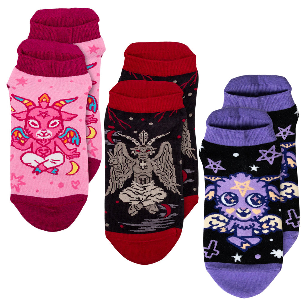 Three-design Evil But Cute Baphomet ankle sock pack.