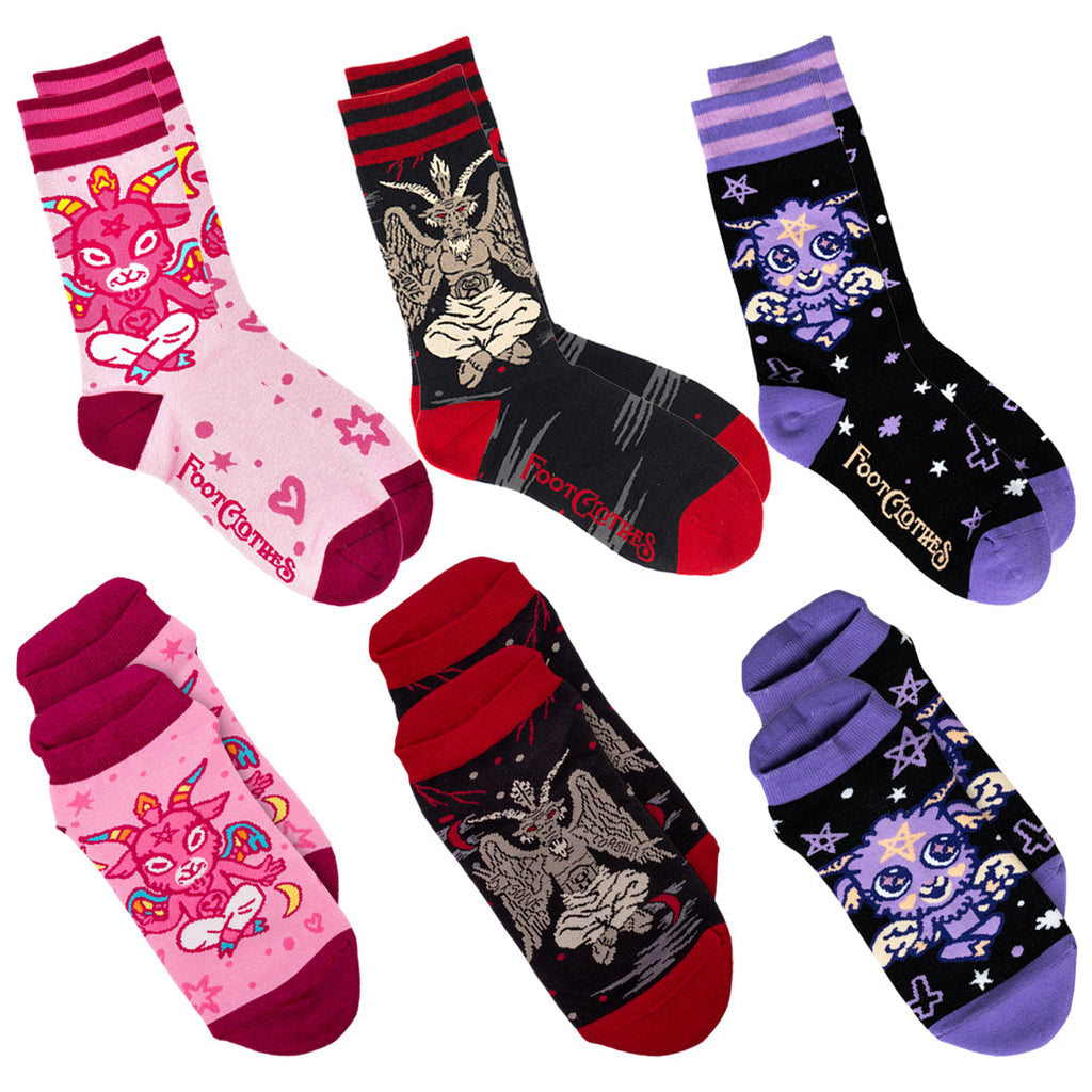 Six-design Baphomet ankle and crew sock pack.