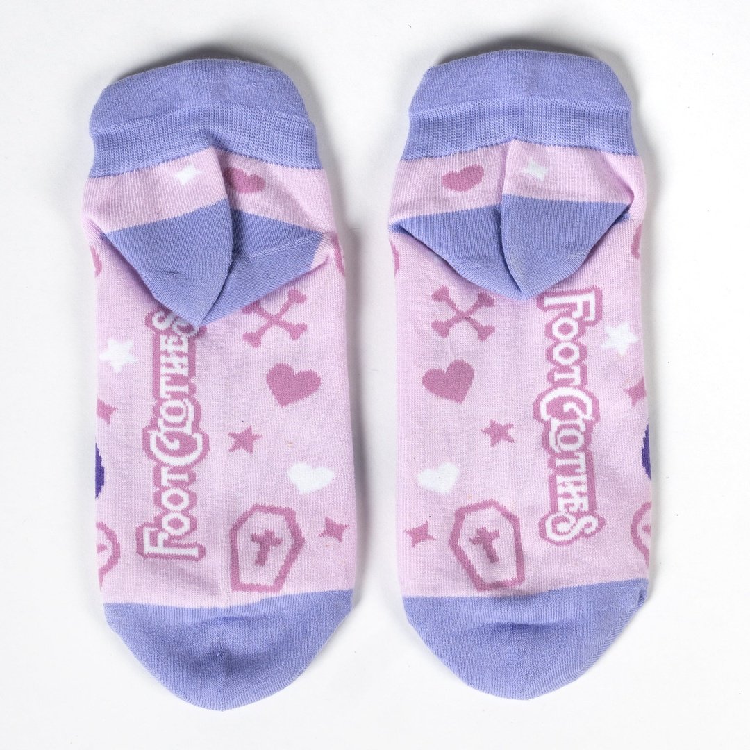 Widdle Bat Guy Ankle Socks featuring purple and pink design with hearts and coffins.