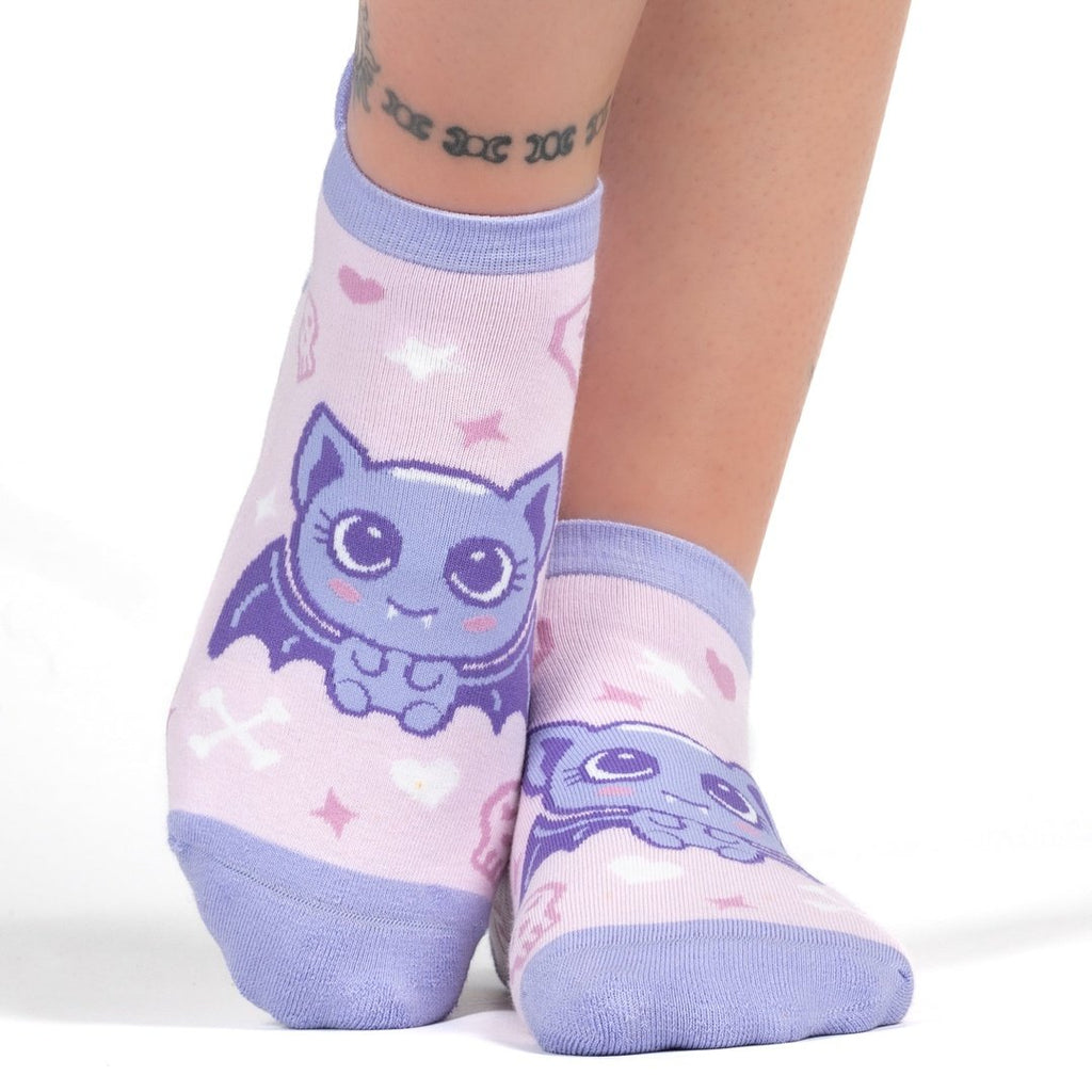 Widdle Bat Guy Ankle Socks featuring adorable bat-themed design in purple and pink for stylish comfort.