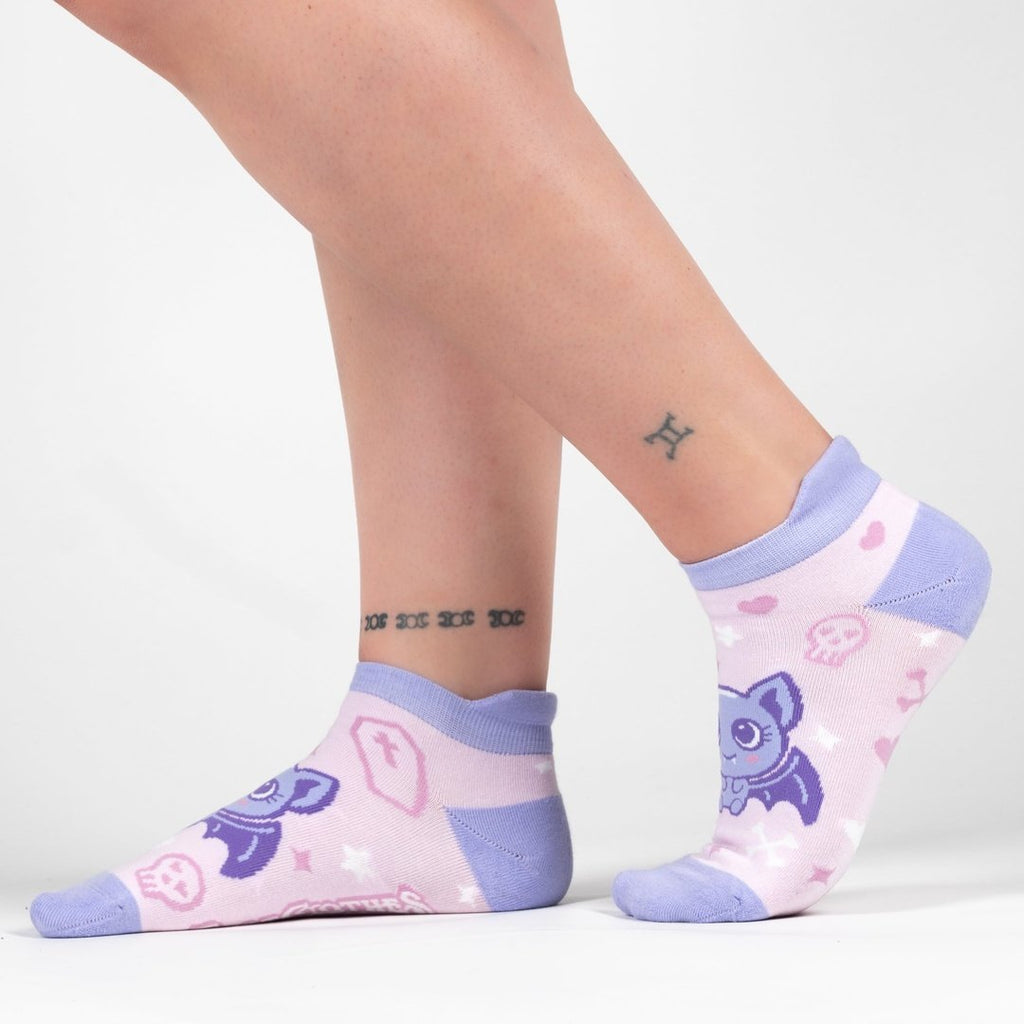 Widdle Bat Guy Ankle Socks featuring cute bat designs in pink and purple on ankle length style.
