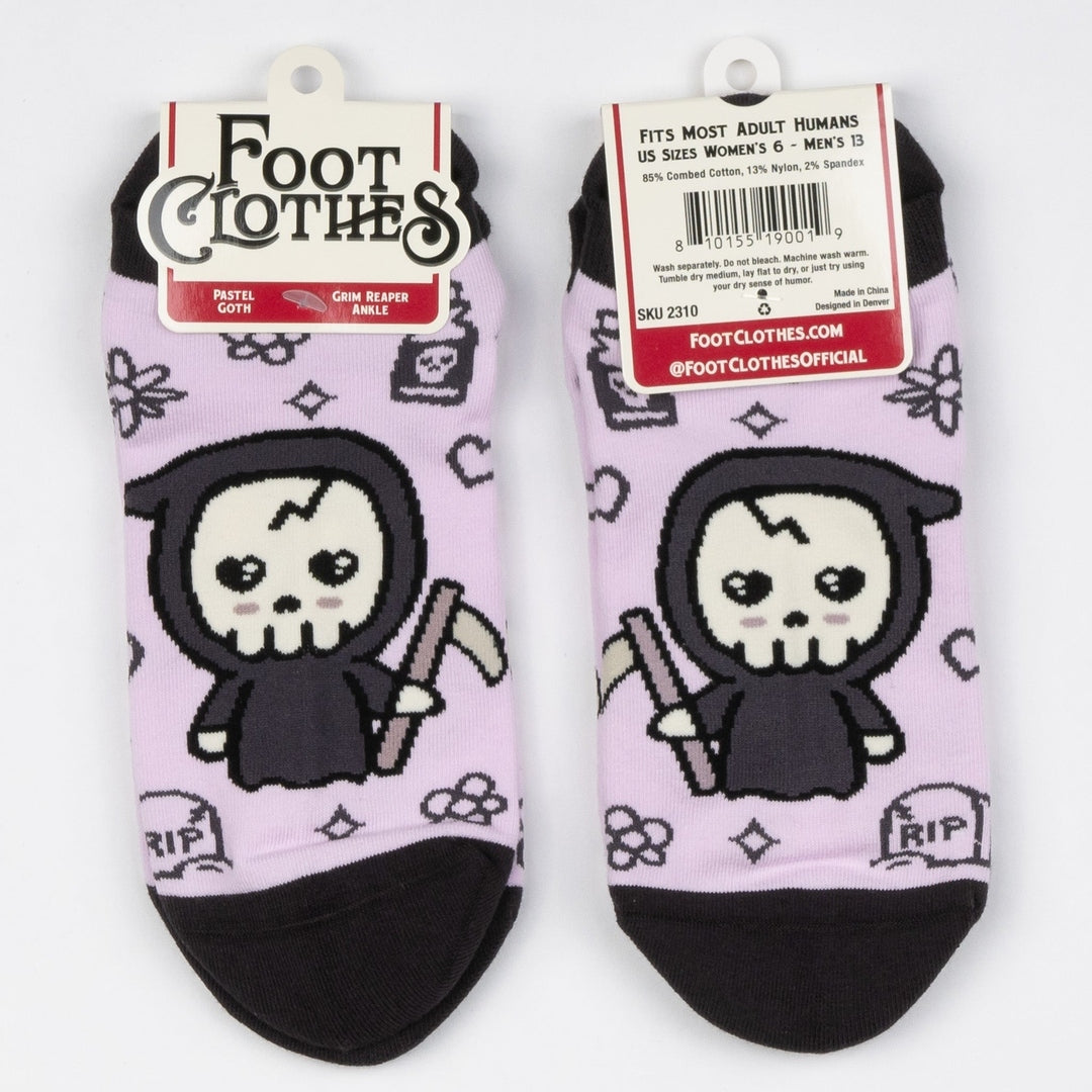 Pastel Goth Grim Reaper Ankle Socks featuring a cute reaper design on purple background.