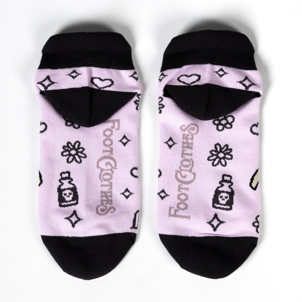 Pastel Goth Grim Reaper Ankle Socks featuring a cute reaper design with flowers and skulls on a pastel background.