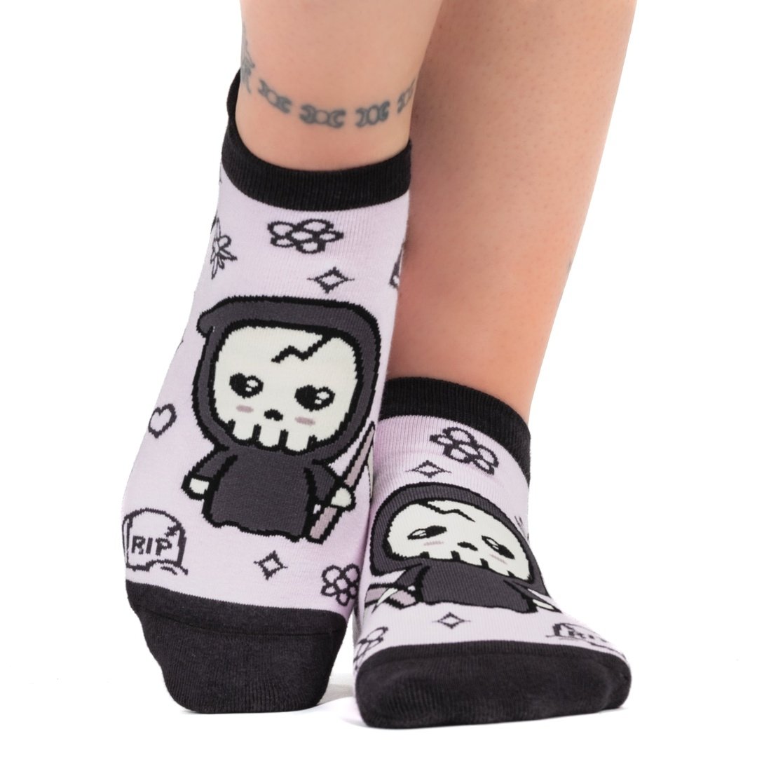 Pastel Goth Grim Reaper Ankle Socks featuring a cute Grim Reaper design on lavender background.