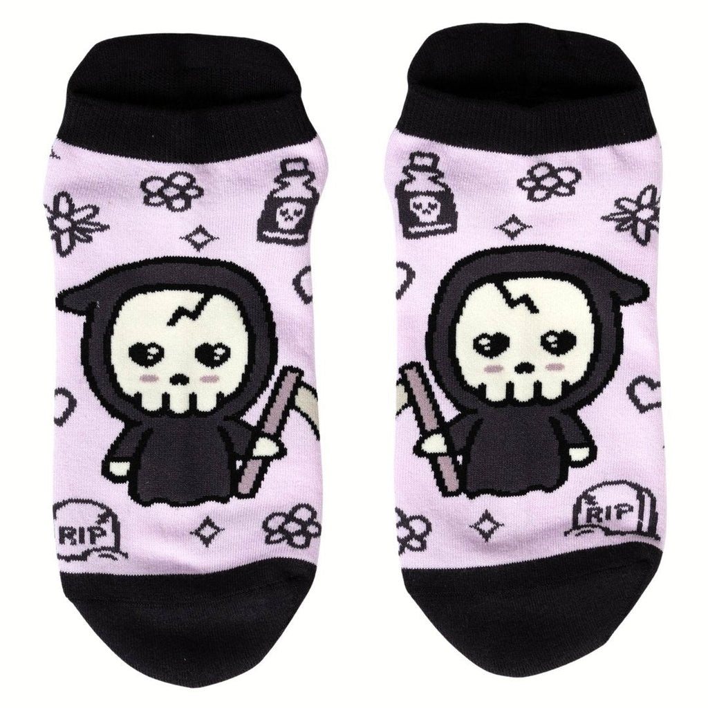 Pastel Goth Grim Reaper Ankle Socks featuring cute reaper design with flowers and RIP tombstones.
