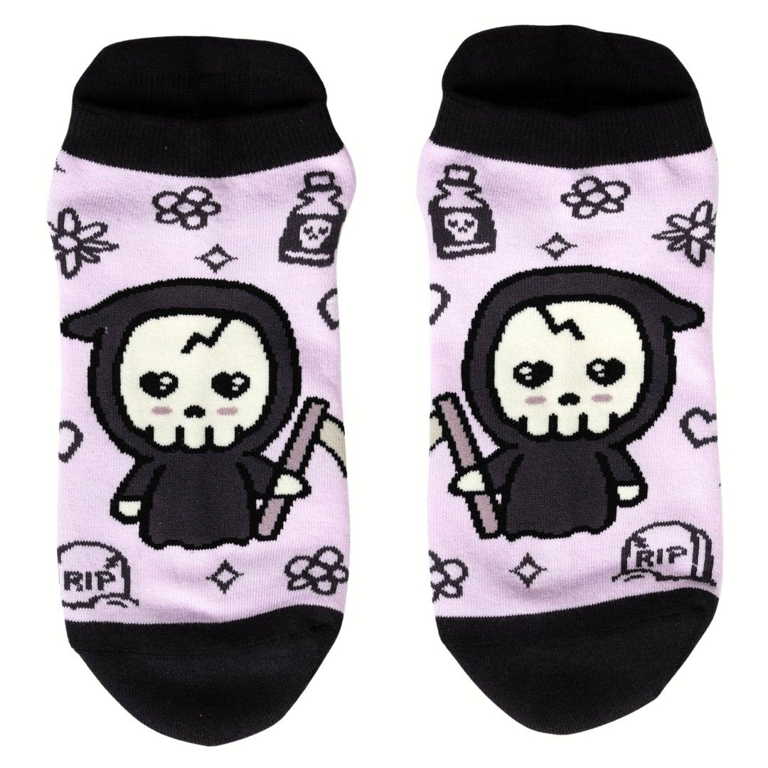 Pastel Goth Grim Reaper Ankle Socks featuring cute reaper design with flowers and RIP tombstones.