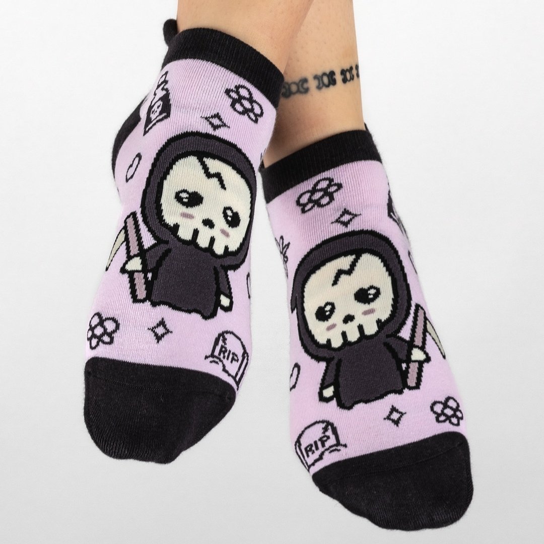 Pastel Goth Grim Reaper Ankle Socks featuring a cute reaper design on pastel purple background.