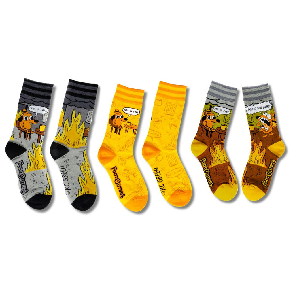 Three-pair This Is Fine Less Brutal sock pack.
