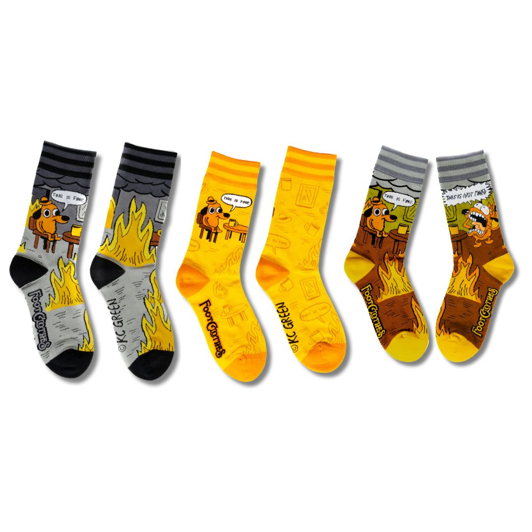 Three-pair This Is Fine Less Brutal sock pack.