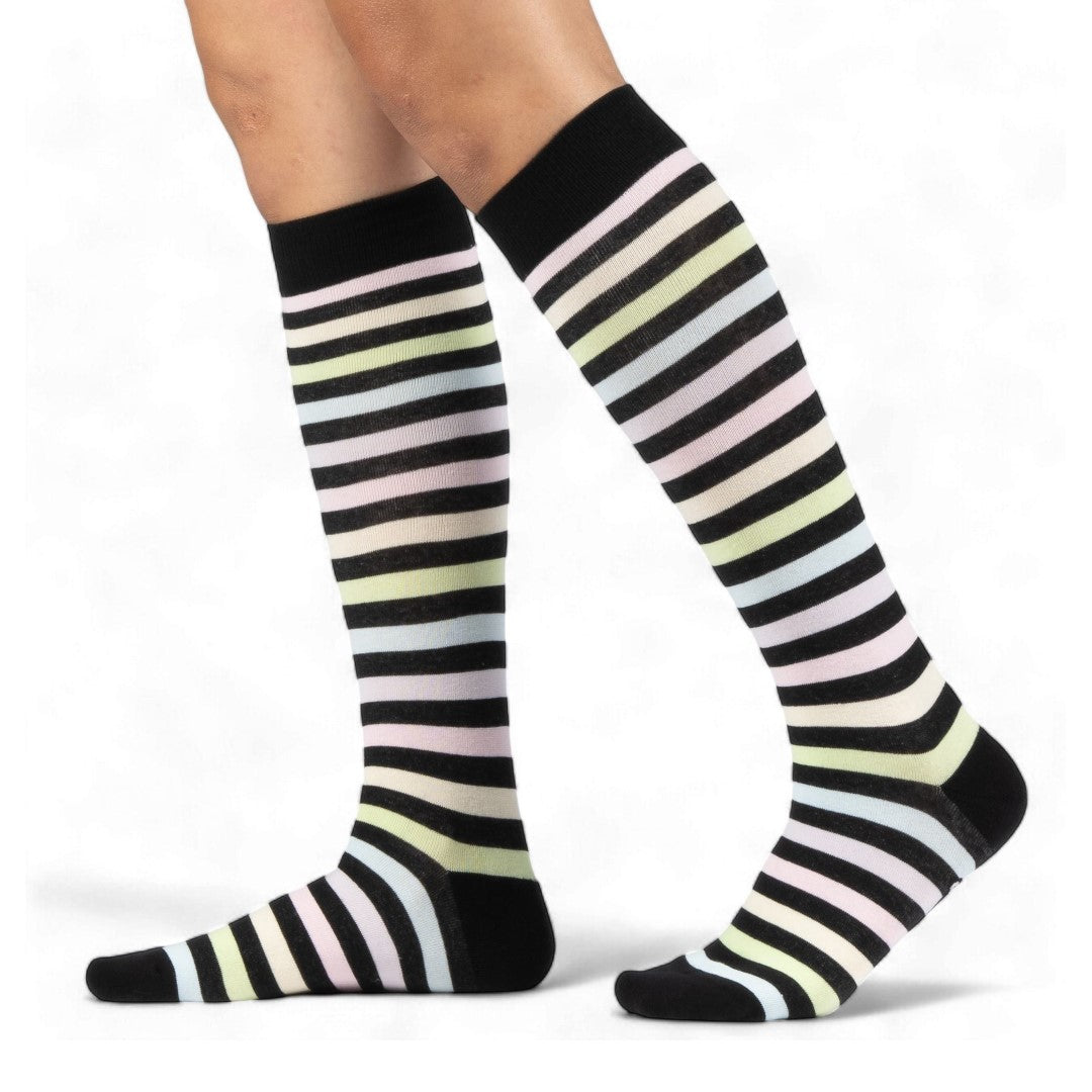Pastel rainbow stripe knee-high socks.