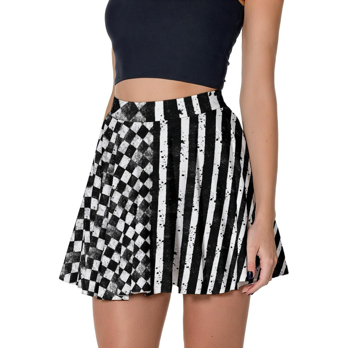 CARNYVL Dirty Diamonds short skirt featuring warped checkerboard and vertical stripes design.