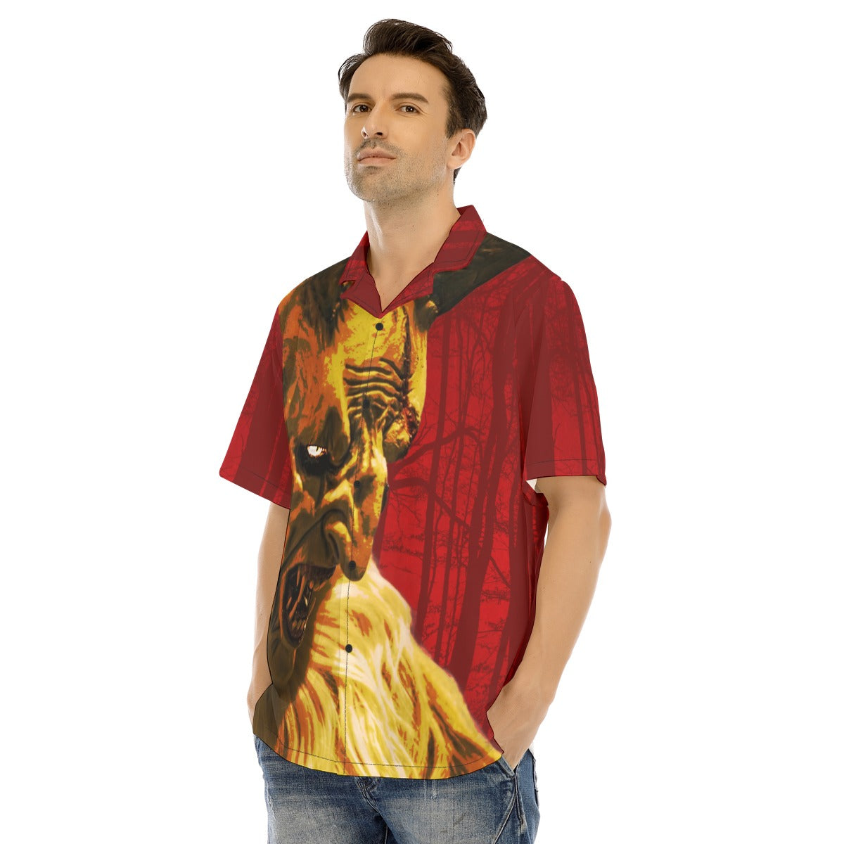 Krampus Close Up Gothic Button-Up Shirt featuring bold design with gnarled horns and a blood-red forest backdrop.