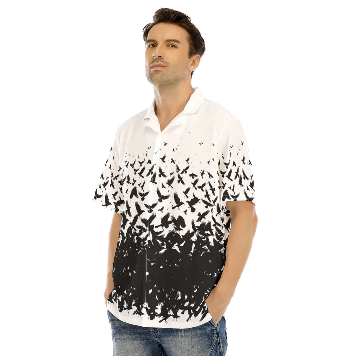 Short-sleeve button-up shirt featuring a Murder of Crows graphic in black and white.