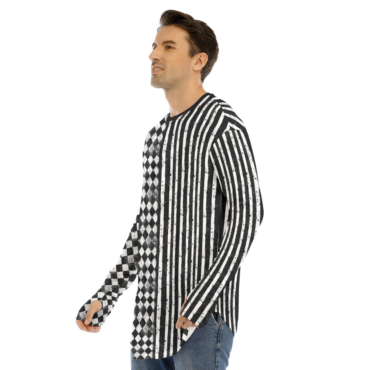 CARNYVL “Dirty Diamonds” Long Sleeve Thumb Crew T-Shirt featuring harlequin diamonds and distressed stripes.