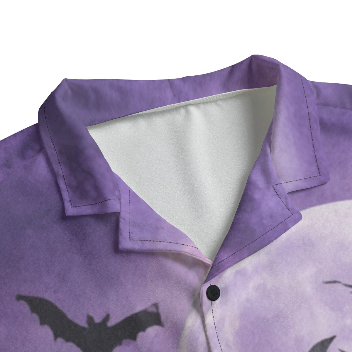 Bats in the Moonlight Gothic Button-Up Shirt collar detail with moon and bat print.
