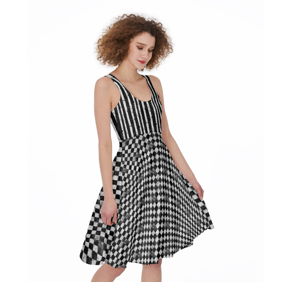 CARNYVL “Dirty Diamonds” Fit & Flare Dress featuring striped bodice and checkered skirt, perfect for a bold summer look.