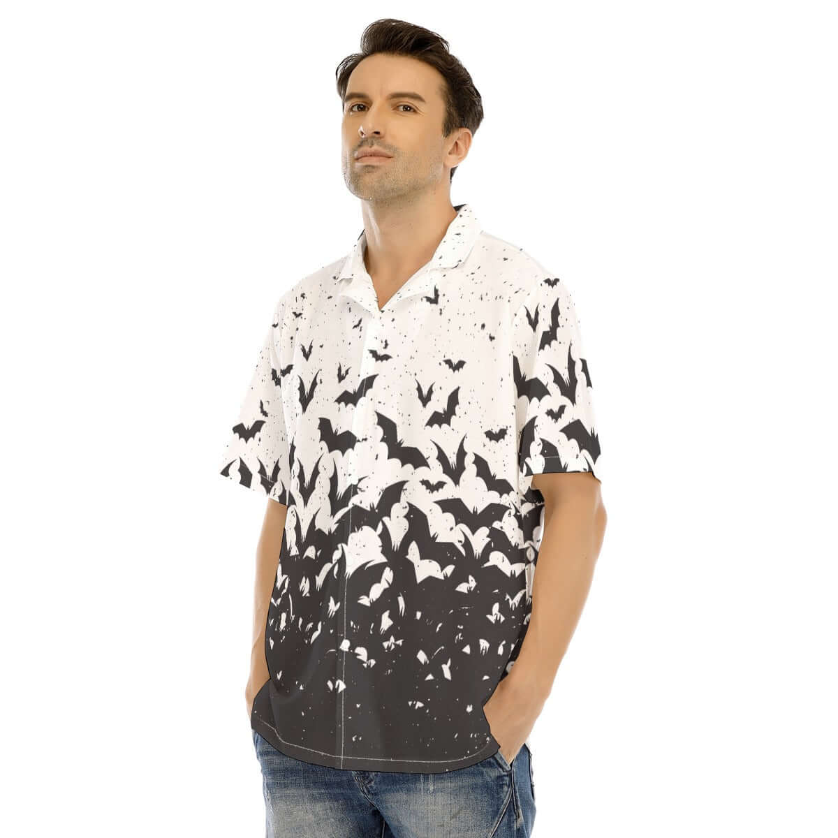 Ombre of Bats short-sleeve button-up featuring a white-to-midnight fade with bat swarm print.