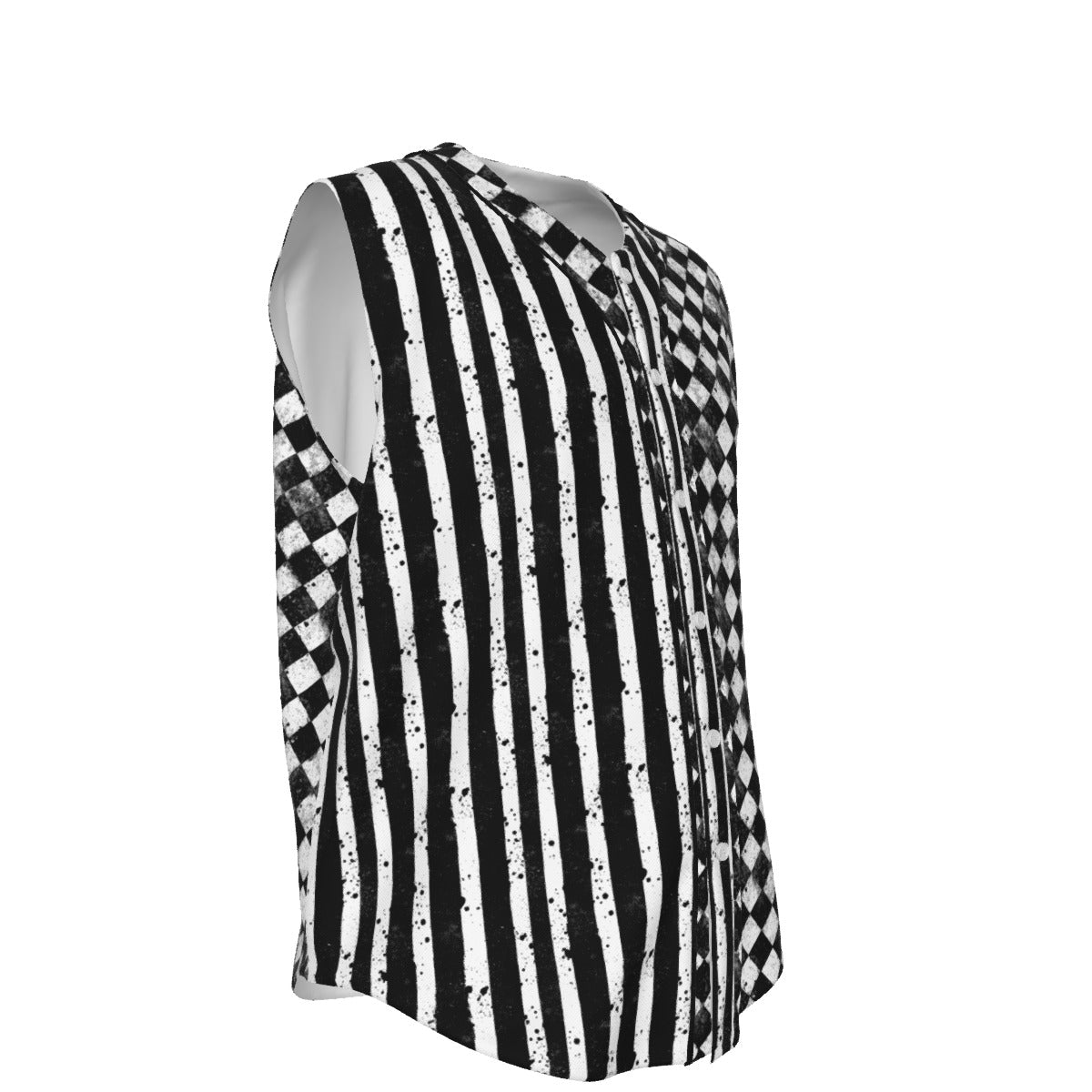 CARNYVL “Dirty Diamonds” Clown Vest Jersey shown in black and white stripes and harlequin pattern.