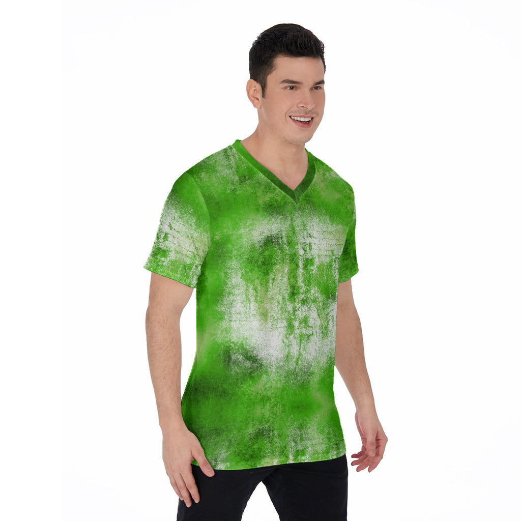 Model wearing a WREKED Acid green V-Neck Tee, showcasing its vibrant color and casual style.