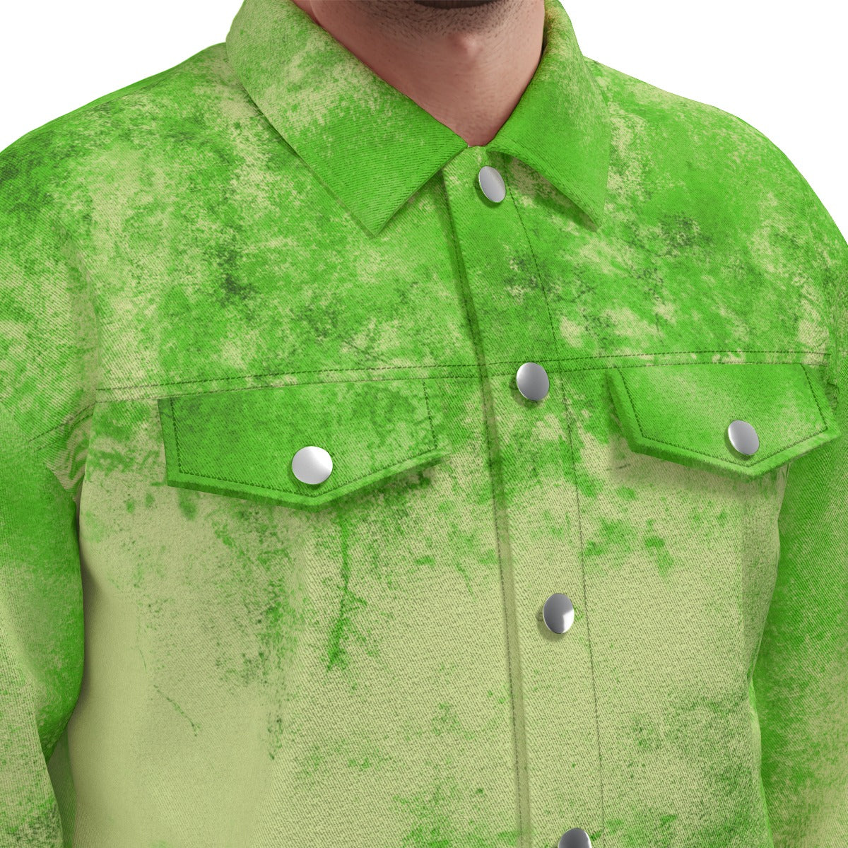 Close-up of the WREKED acid green canvas jacket featuring a distressed, vibrant finish and classic button details.